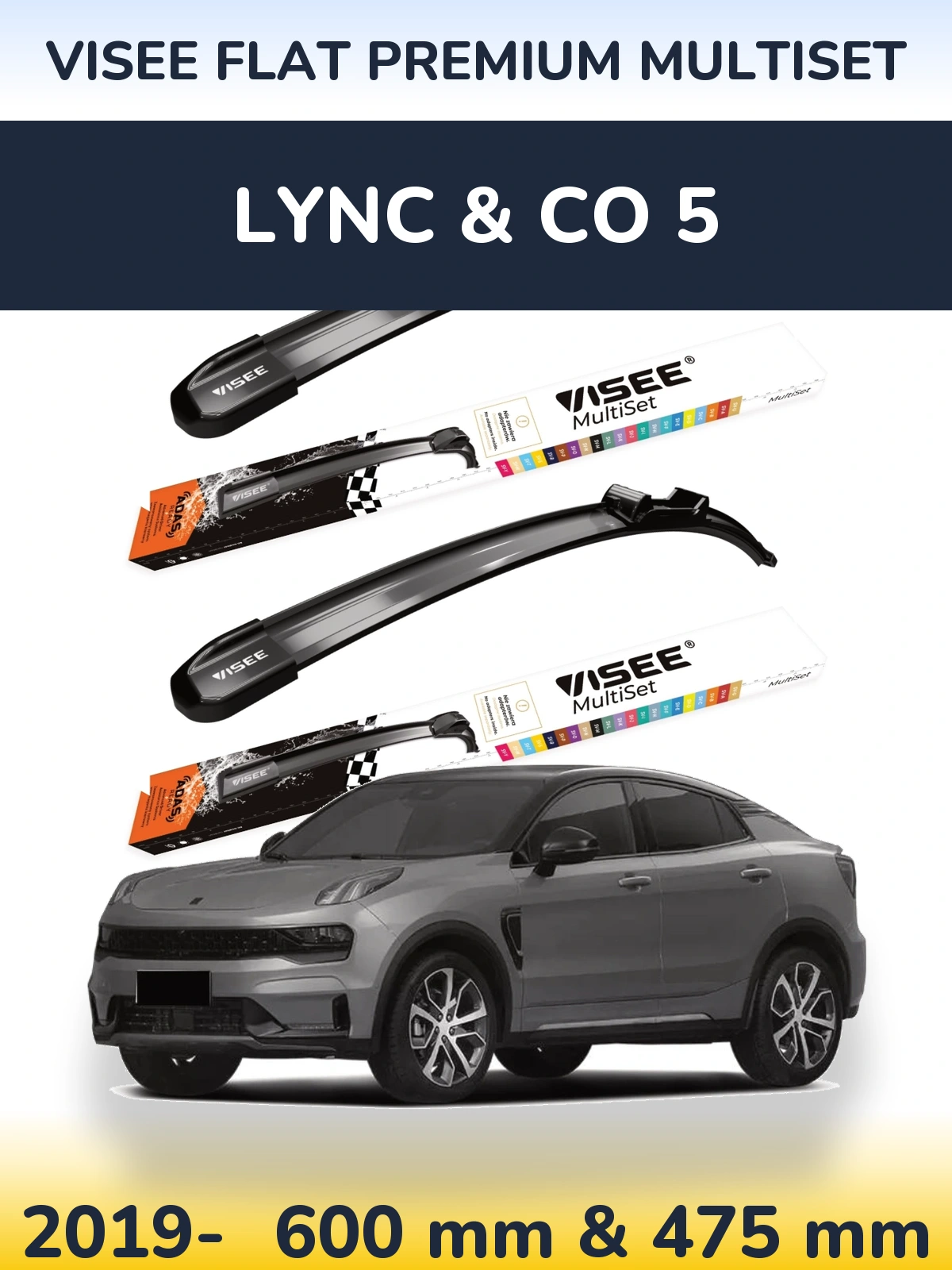 Komplet przednich wycieraczek VISEE FLAT PREMIUM MultiSet 600 & 475 mm do Lync & Co 5 2019-2026