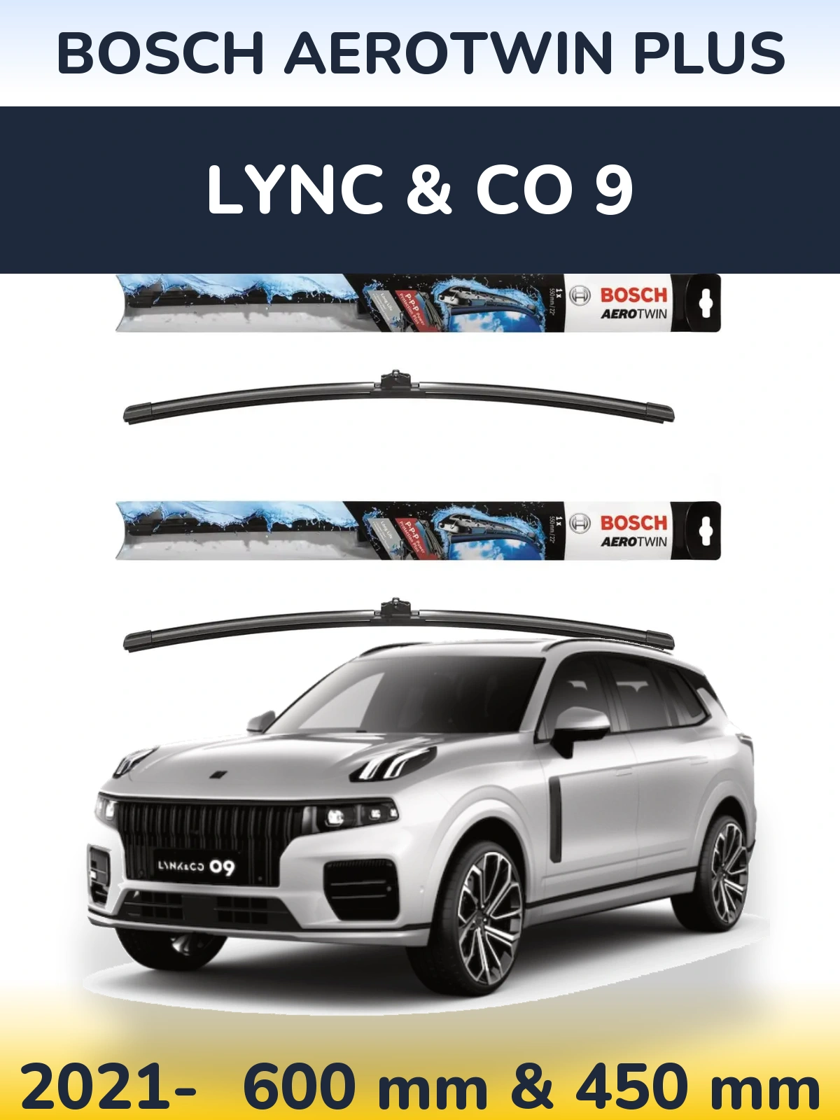 Front wiper blade set BOSCH AeroTwin Plus 600 & 450 mm for Lync & Co 9 2021-2026
