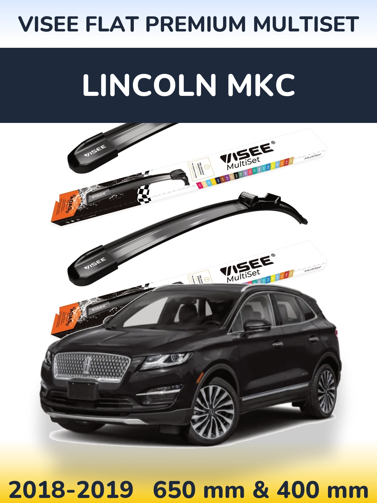 Комплект передних дворников VISEE FLAT PREMIUM MultiSet 650 & 400 мм для Lincoln MKC 2018-2019
