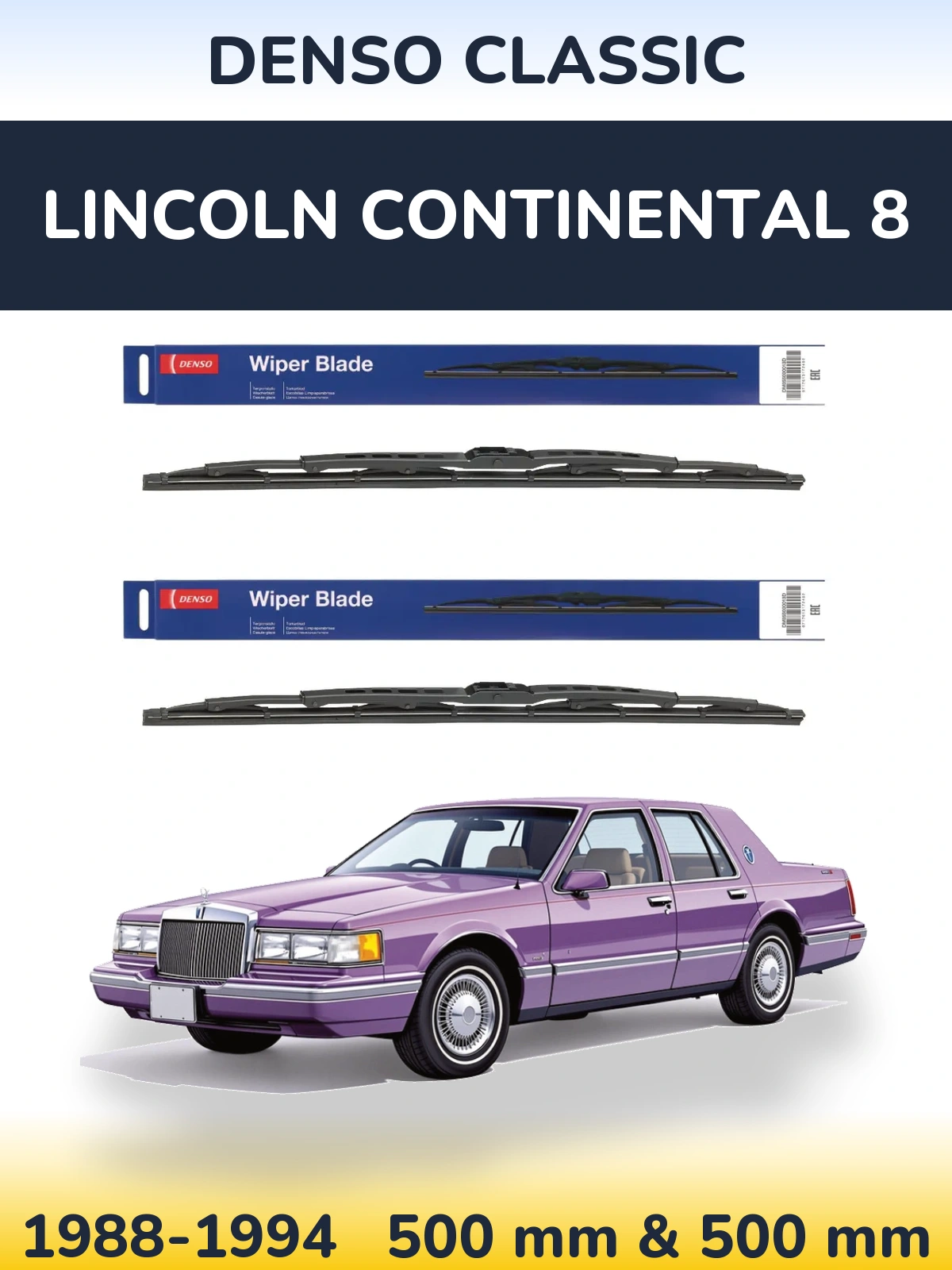 Front wiper blade set Denso Classic 500 & 500 mm for Lincoln Continental 8 1988-1994