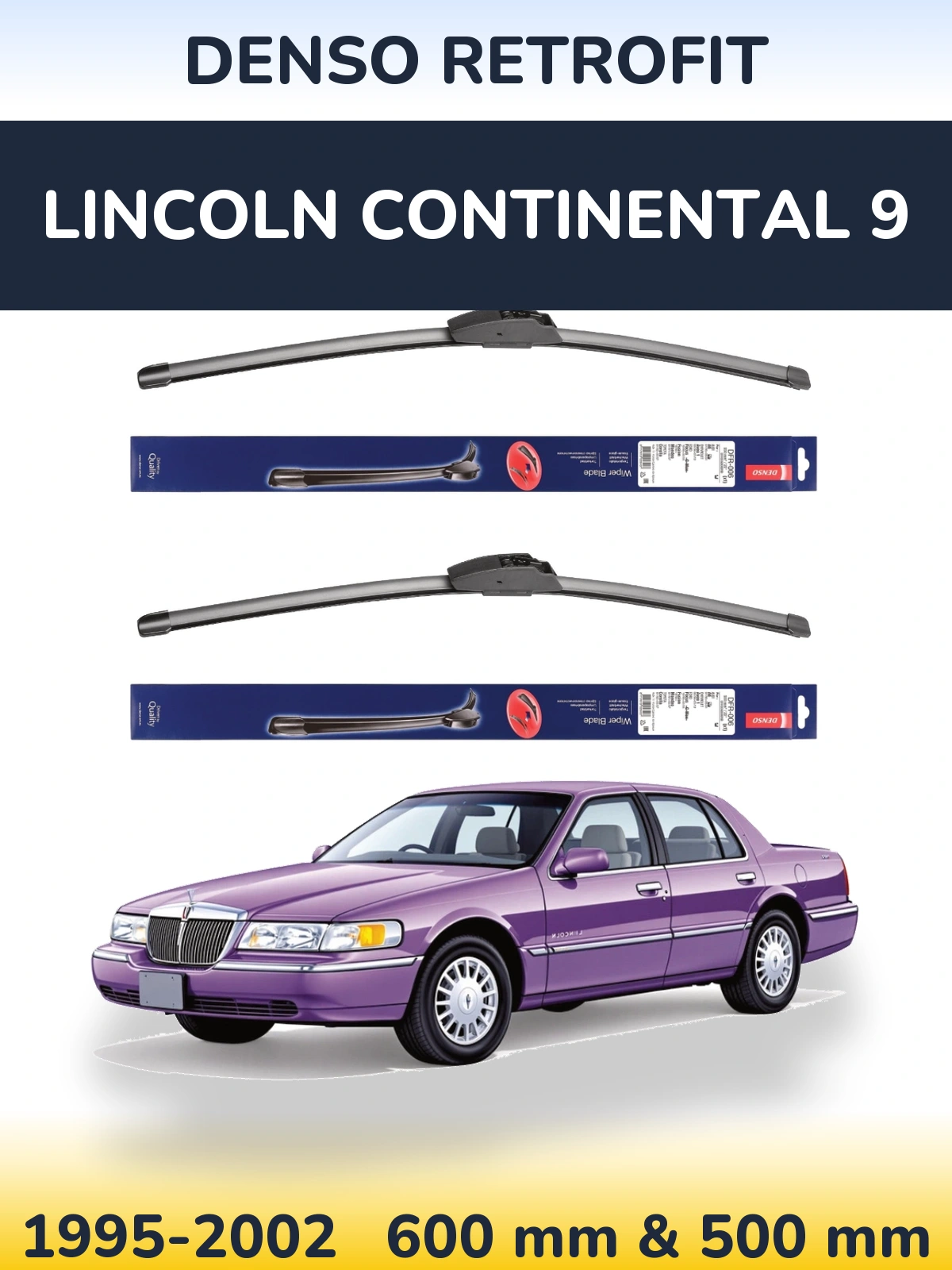 Front wiper blade set Denso Retrofit 600 & 500 mm for Lincoln Continental 9 1995-2002