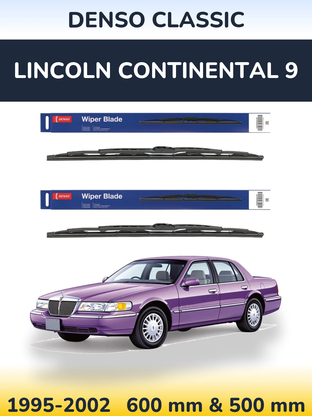Front wiper blade set Denso Classic 600 & 500 mm for Lincoln Continental 9 1995-2002