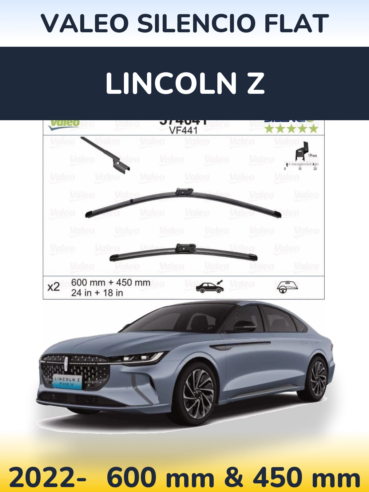 Front wiper blade set Valeo Silencio Flat 600 & 450 мм for Lincoln Z 2022-2026