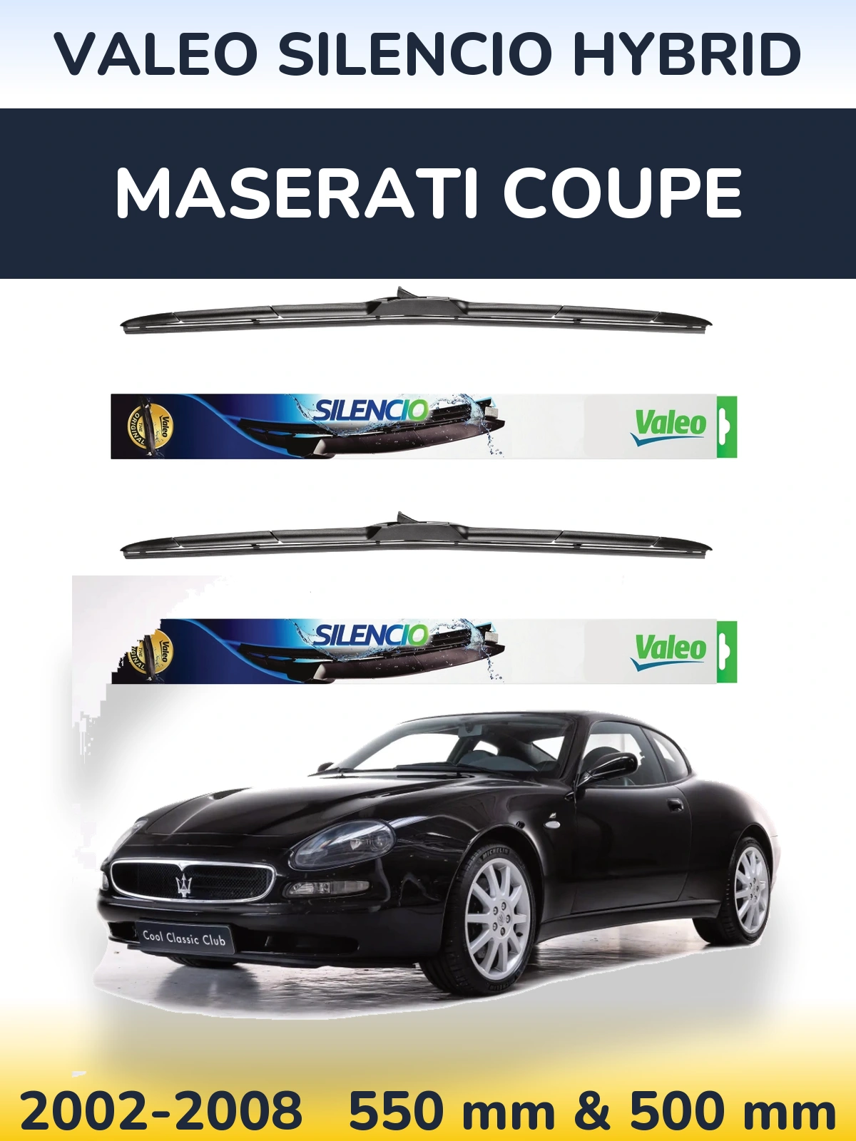 Komplet przednich wycieraczek Valeo Silencio Hybrid 550 & 500 mm do Maserati Coupe 2002-2008