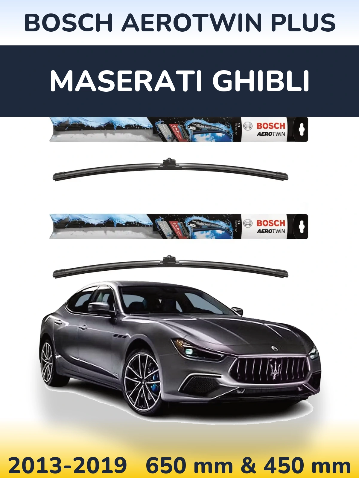 Front wiper blade set BOSCH AeroTwin Plus 650 & 450 mm for Maserati Ghibli 2013-2019