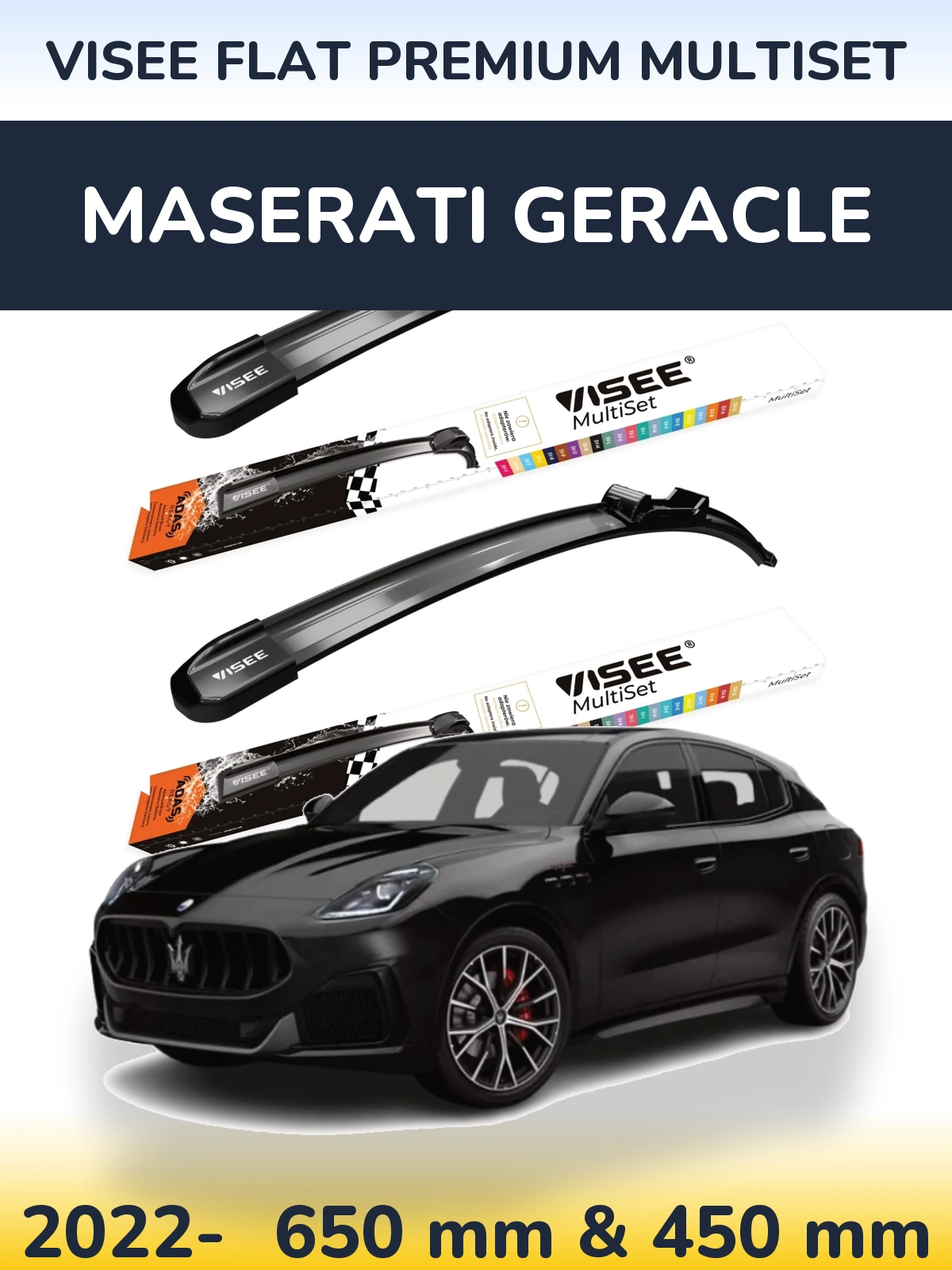 Komplet przednich wycieraczek VISEE FLAT PREMIUM MultiSet 650 & 450 mm do Maserati Geracle 2022-2026