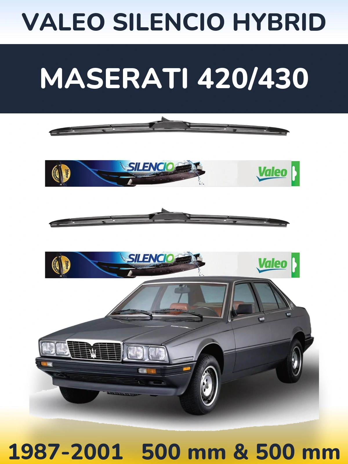 Komplet przednich wycieraczek Valeo Silencio Hybrid 500 & 500 mm do Maserati 420/430 1987-2001
