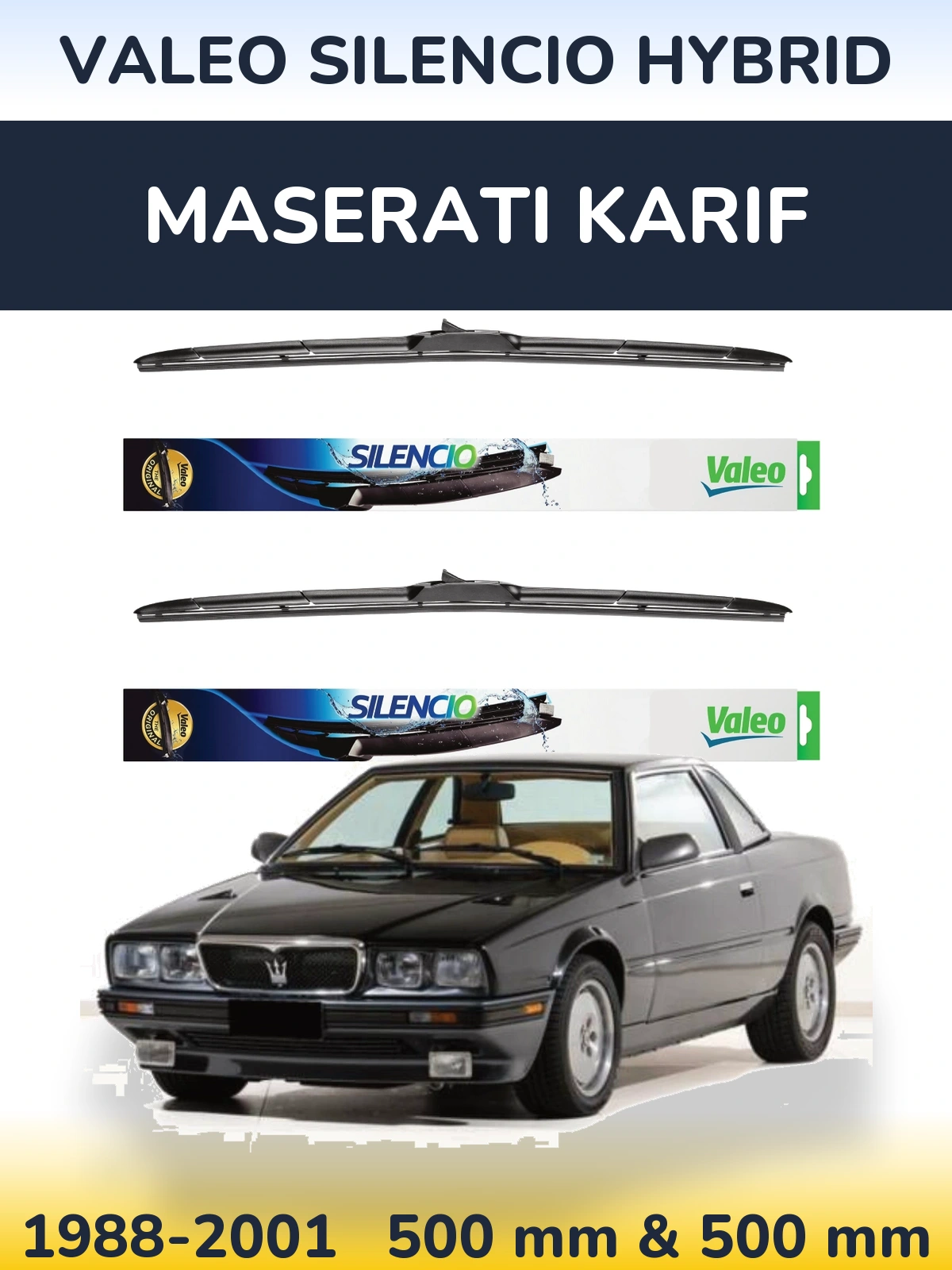 Front wiper blade set Valeo Silencio Hybrid 500 & 500 мм for Maserati Karif 1988-2001