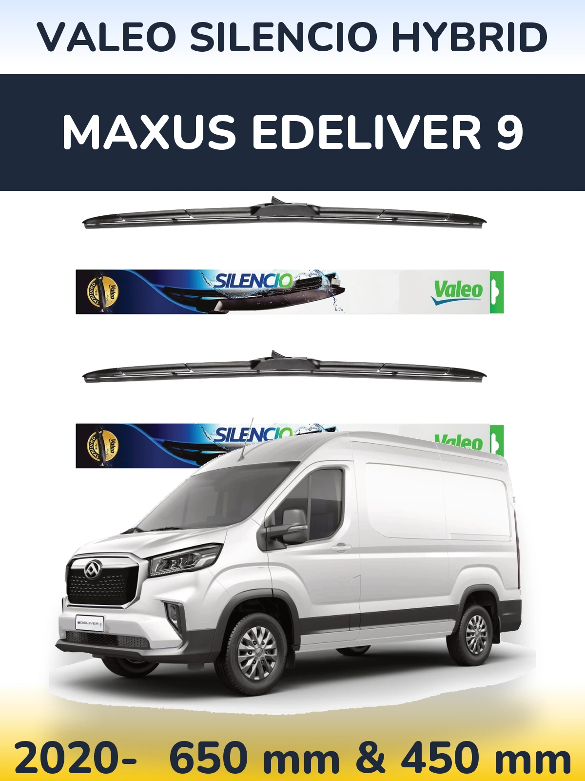 Front wiper blade set Valeo Silencio Hybrid 650 & 450 мм for Maxus eDeliver 9 2020-2026