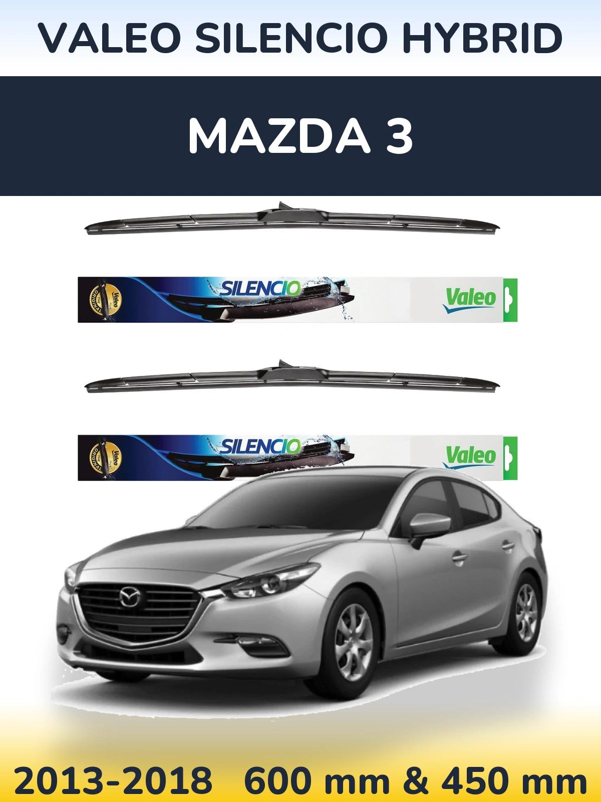 Front wiper blade set Valeo Silencio Hybrid 600 & 450 mm for Mazda 3 2013-2018