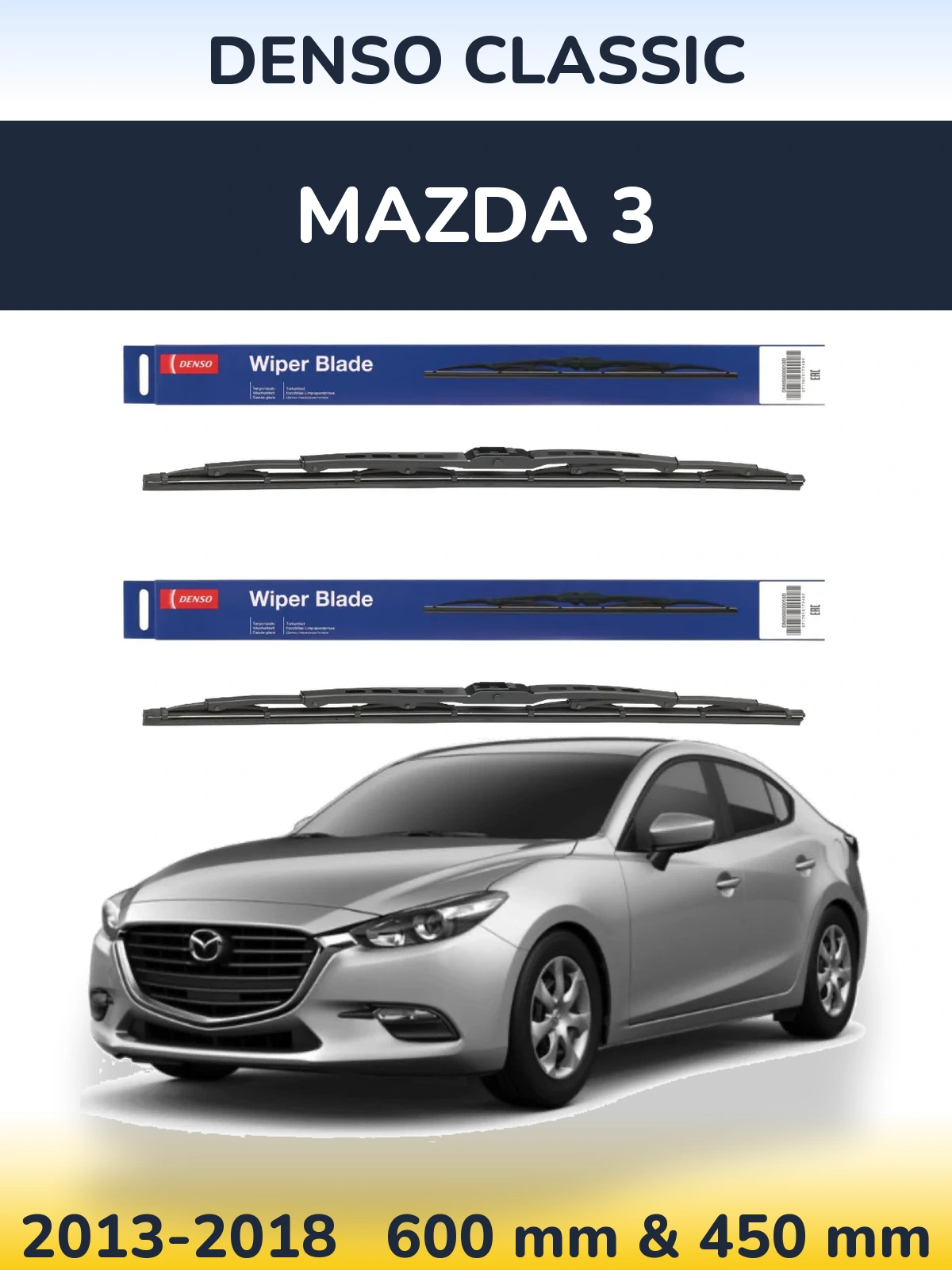 Front wiper blade set Denso Classic 600 & 450 mm for Mazda 3 2013-2018