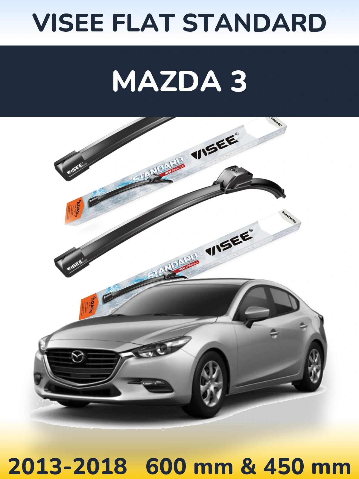 Front wiper blade set VISEE FLAT STANDARD 600 & 450 mm for Mazda 3 2013-2018