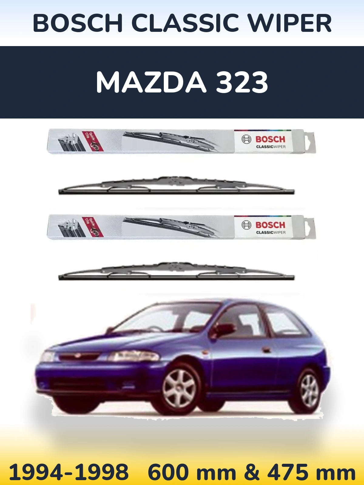 Front wiper blade set BOSCH Classic Wiper 600 & 475 мм for Mazda 323 1994-1998