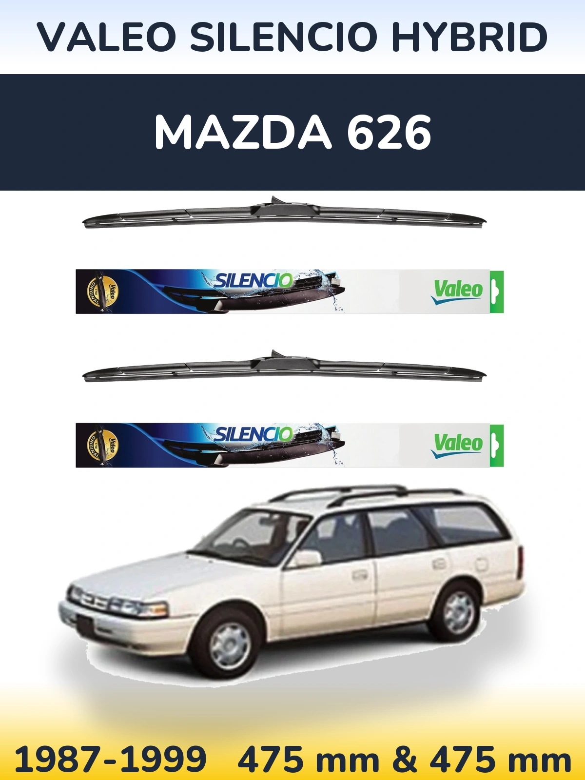 Front wiper blade set Valeo Silencio Hybrid 475 & 475 mm for Mazda 626 1987-1999
