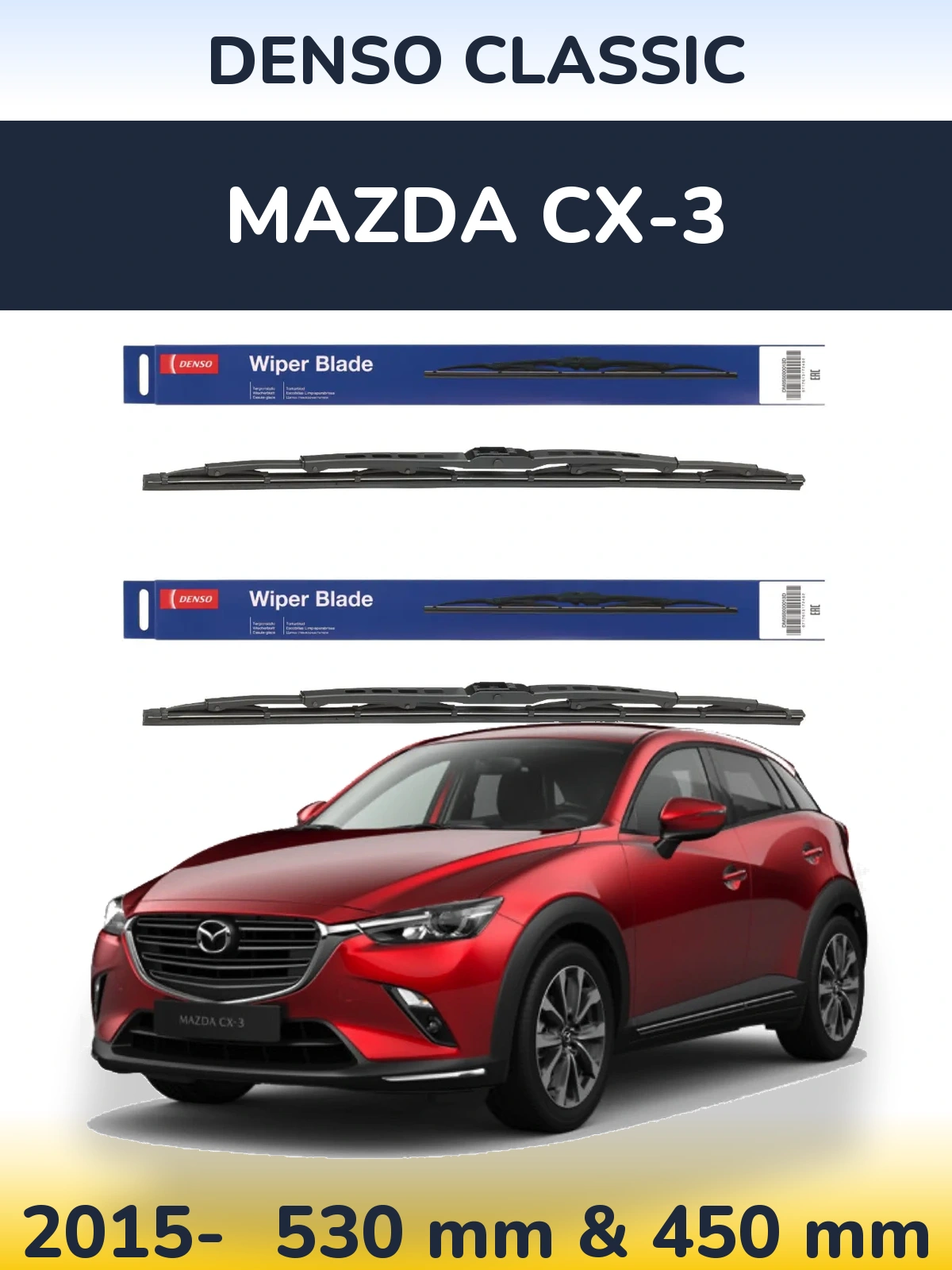 Front wiper blade set Denso Classic 530 & 450 mm for Mazda CX-3 2015-2026