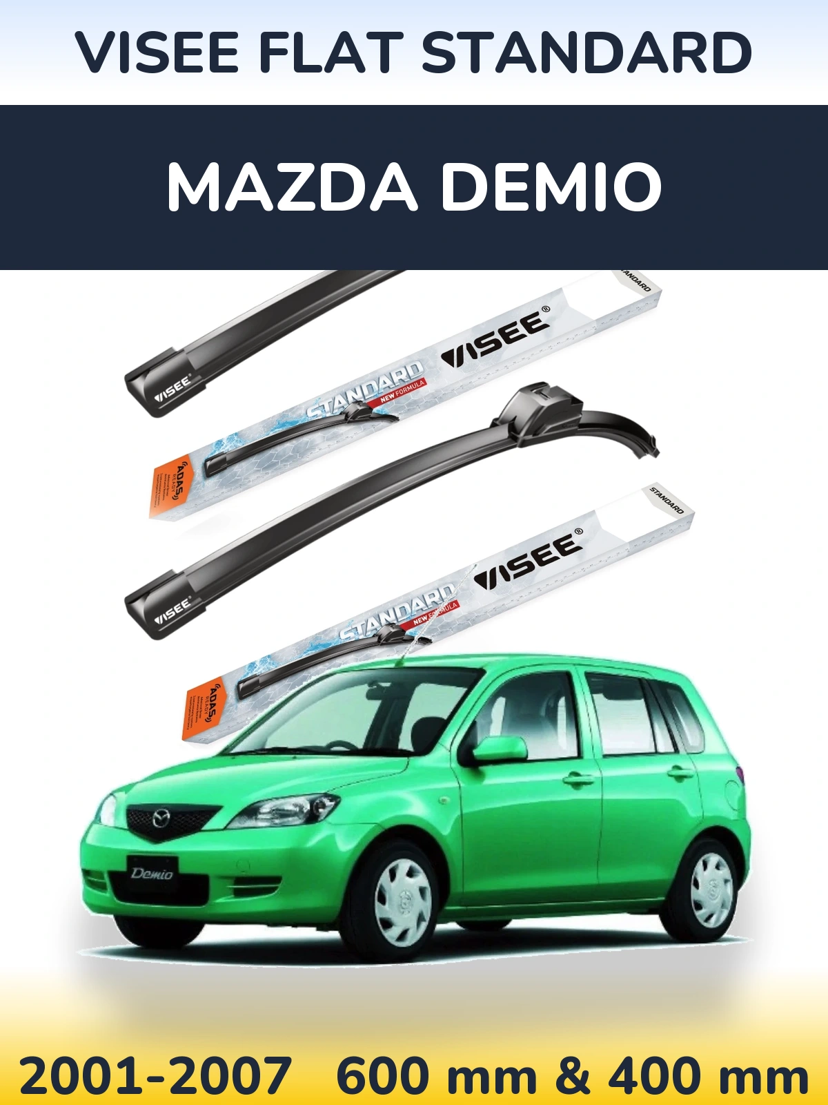 Front wiper blade set VISEE FLAT STANDARD 600 & 400 mm for Mazda Demio 2001-2007