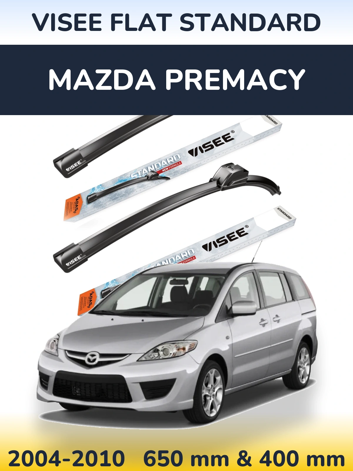 Front wiper blade set VISEE FLAT STANDARD 650 & 400 mm for Mazda Premacy 2004-2010