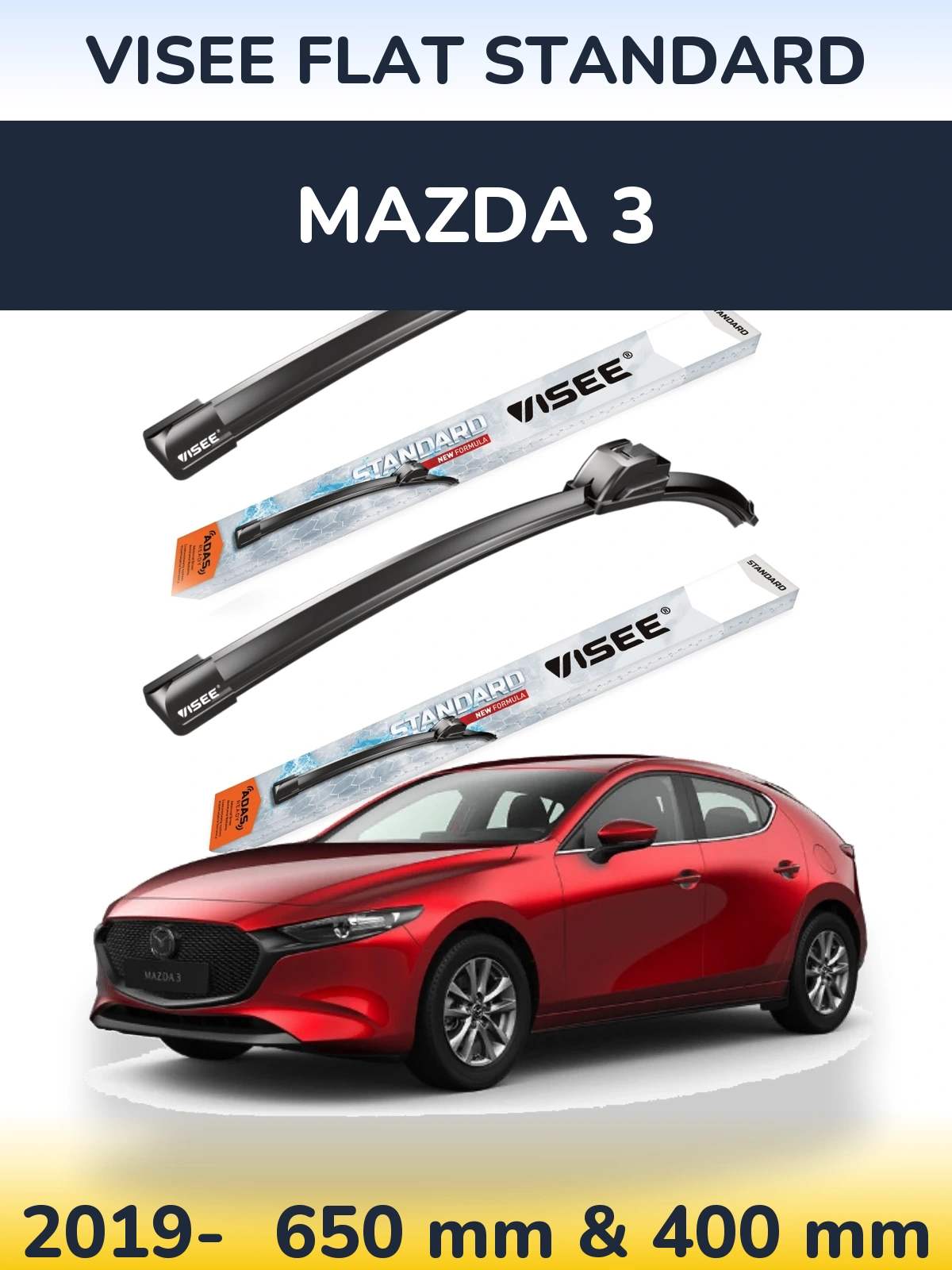Front wiper blade set VISEE FLAT STANDARD 650 & 400 mm for Mazda 3 2019-2026
