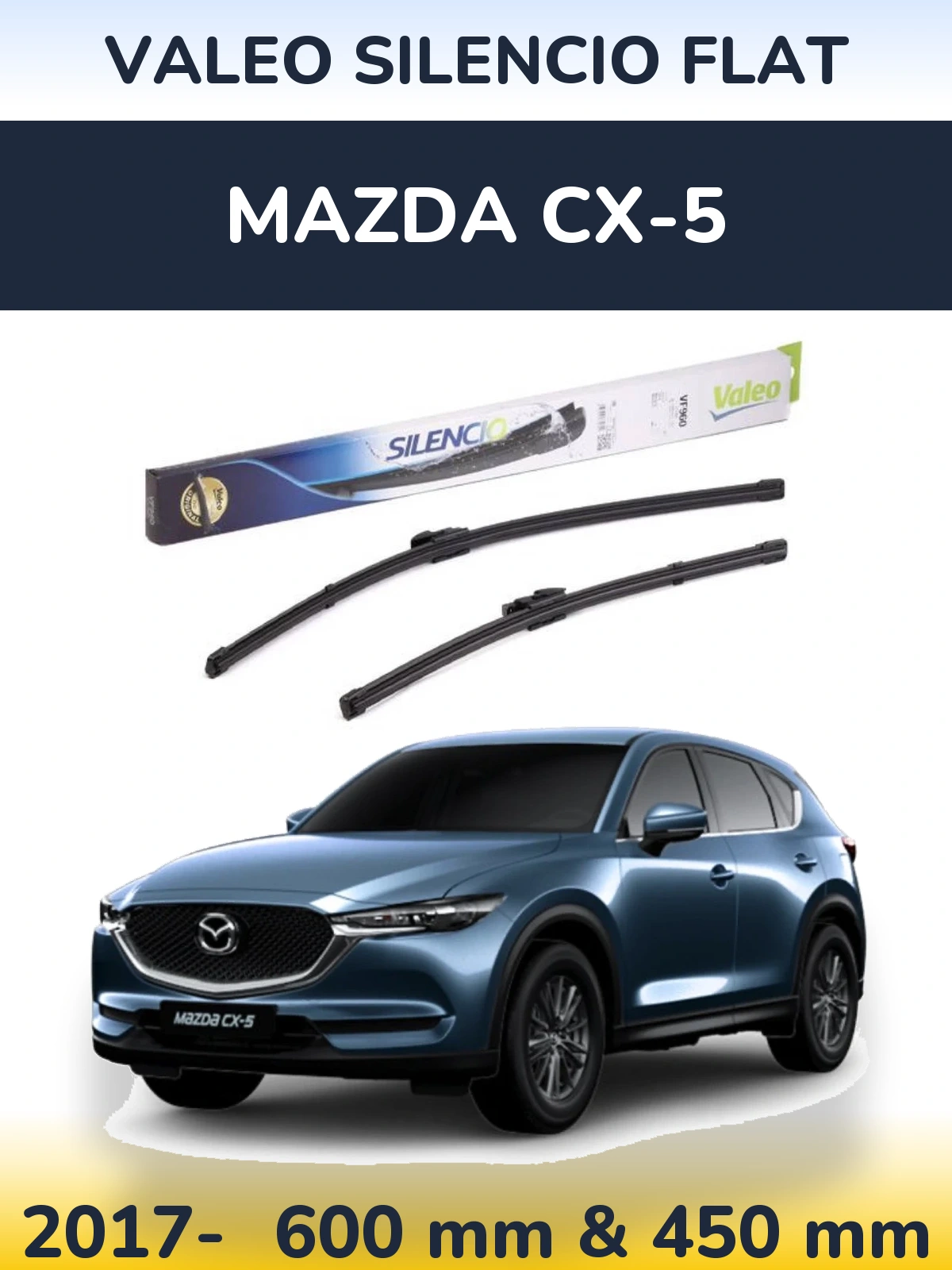 Front wiper blade set Valeo Silencio Flat 600 & 450 mm for Mazda CX-5 2017-2026