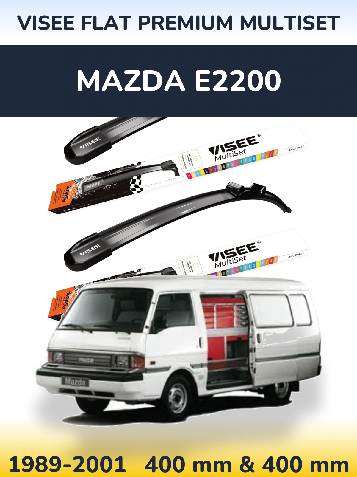 Front wiper blade set VISEE FLAT PREMIUM MultiSet 400 & 400 mm for Mazda E2200 1989-2001