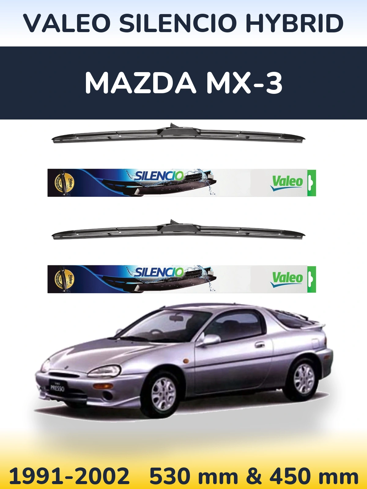 Front wiper blade set Valeo Silencio Hybrid 530 & 450 mm for Mazda MX-3 1991-2002