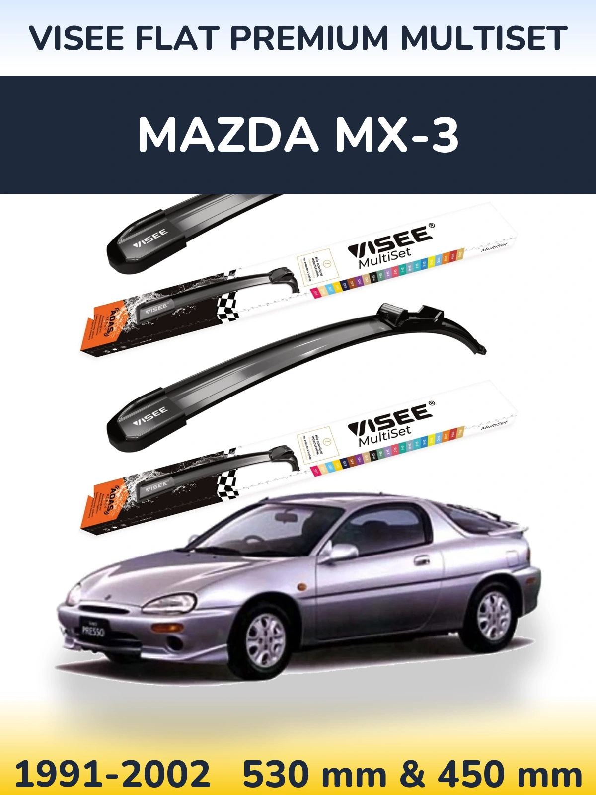 Комплект передних дворников VISEE FLAT PREMIUM MultiSet 530 & 450 мм для Mazda MX-3 1991-2002