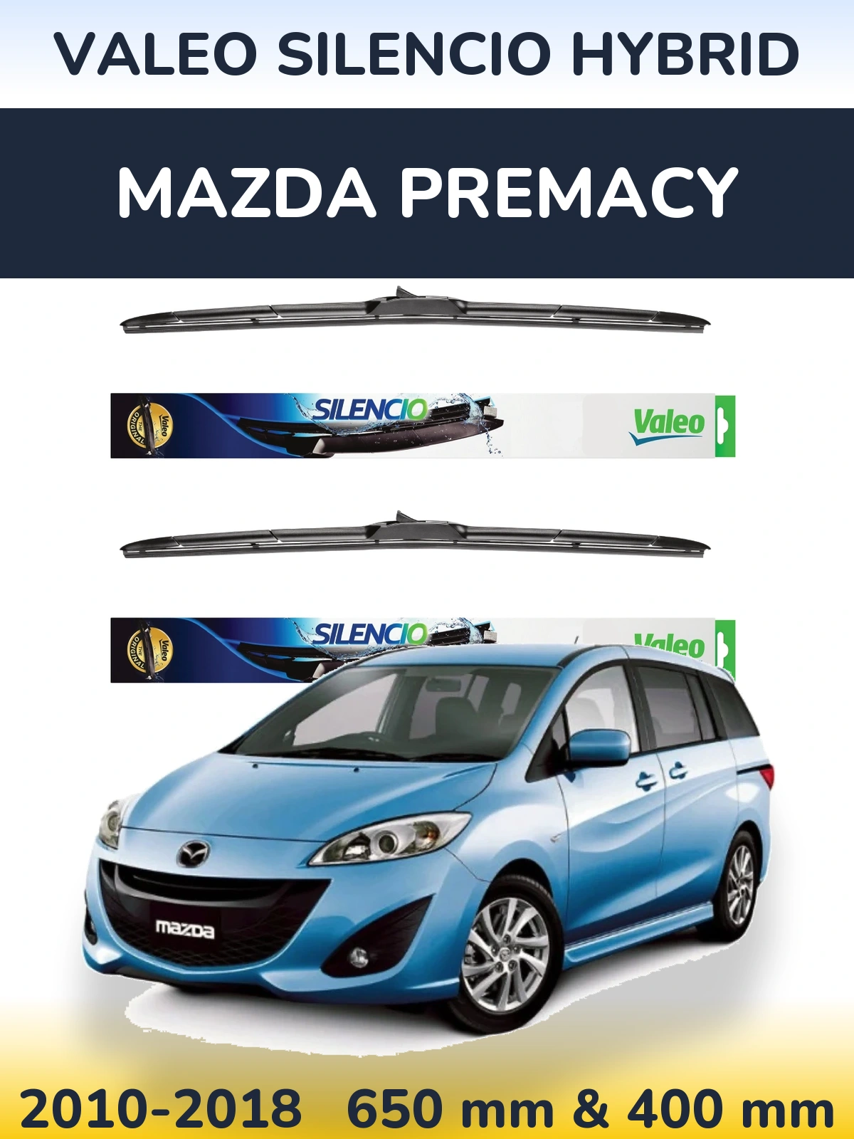 Front wiper blade set Valeo Silencio Hybrid 650 & 400 mm for Mazda Premacy 2010-2018