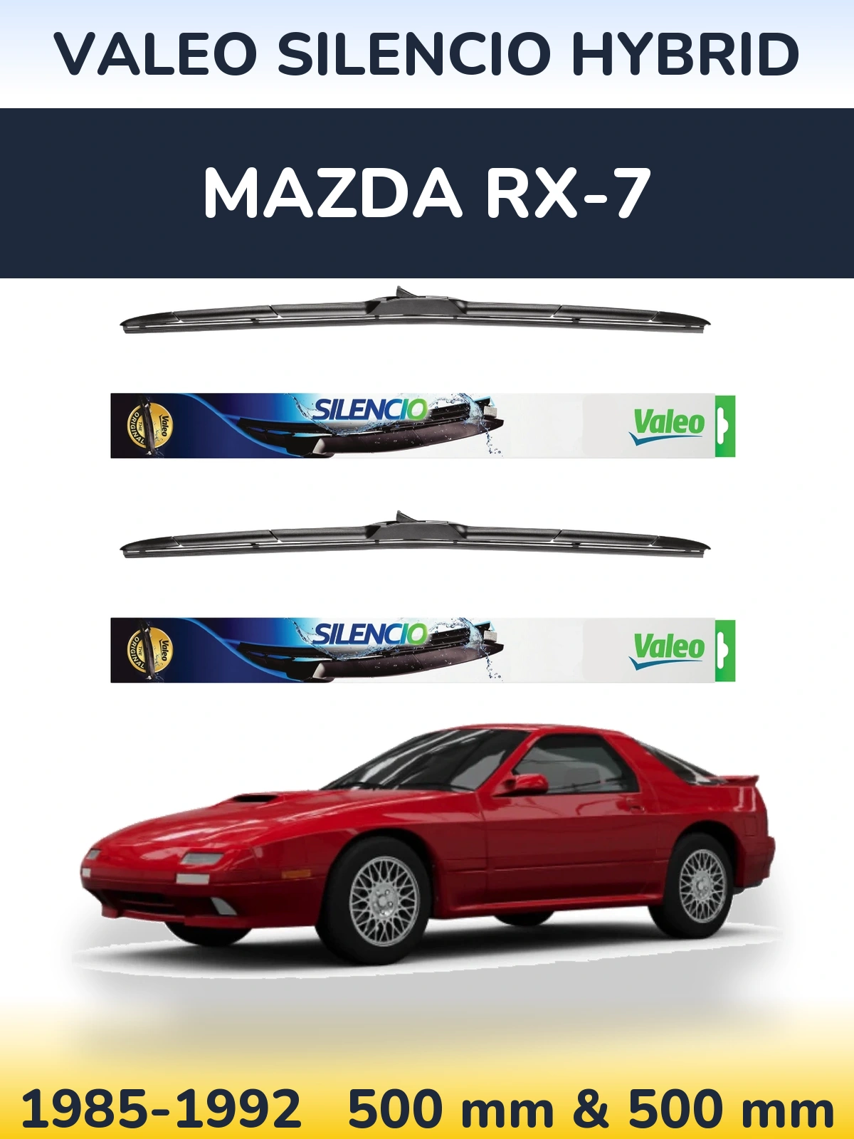 Front wiper blade set Valeo Silencio Hybrid 500 & 500 mm for Mazda RX-7 1985-1992