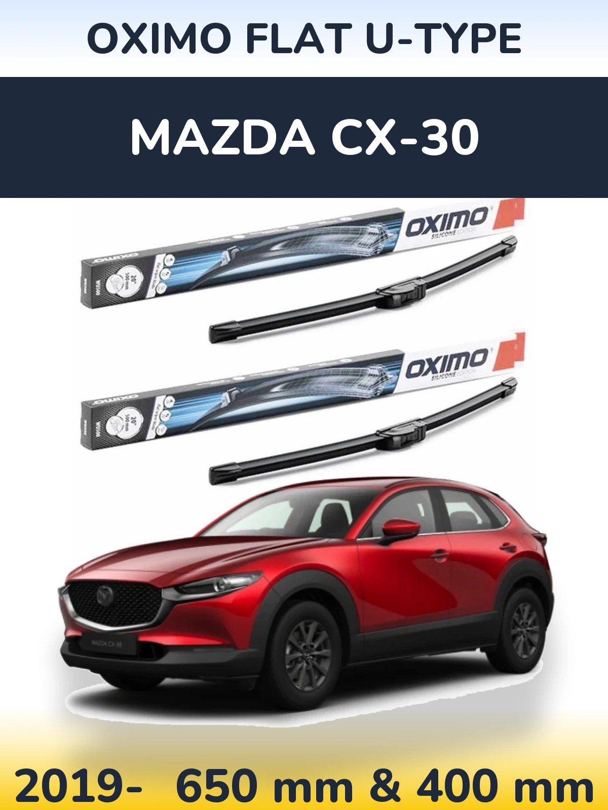 Front wiper blade set Oximo Flat U-type 650 & 400 mm for Mazda CX-30 2019-2026