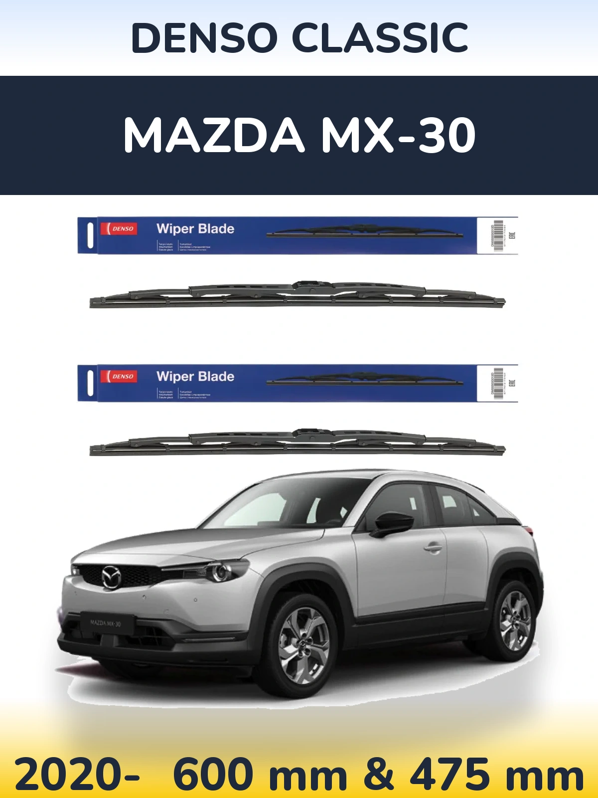 Front wiper blade set Denso Classic 600 & 475 mm for Mazda MX-30 2020-2026