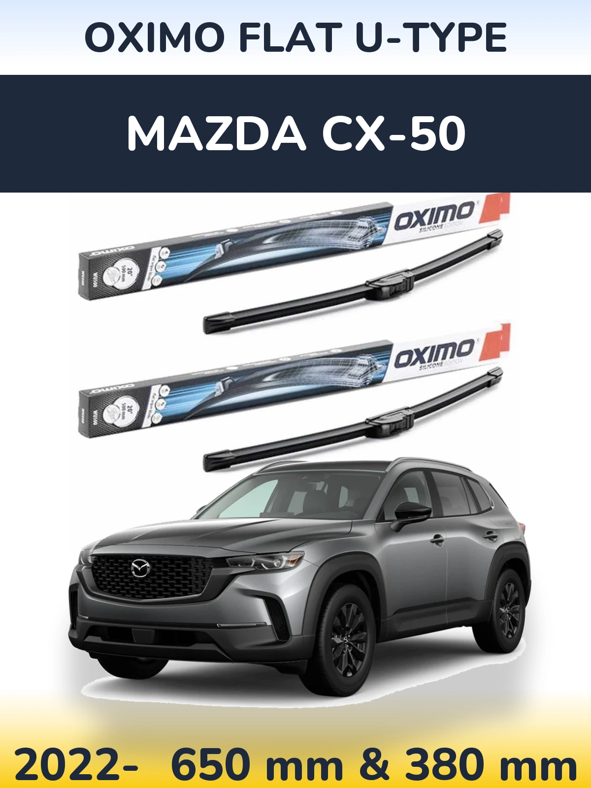 Front wiper blade set Oximo Flat U-type 650 & 380 mm for Mazda CX-50 2022-2026