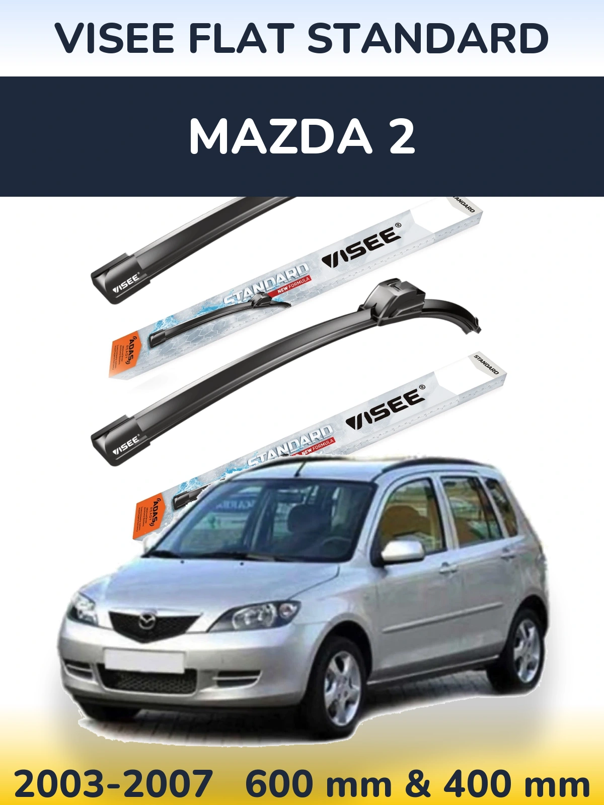 Front wiper blade set VISEE FLAT STANDARD 600 & 400 мм for Mazda 2 2003-2007