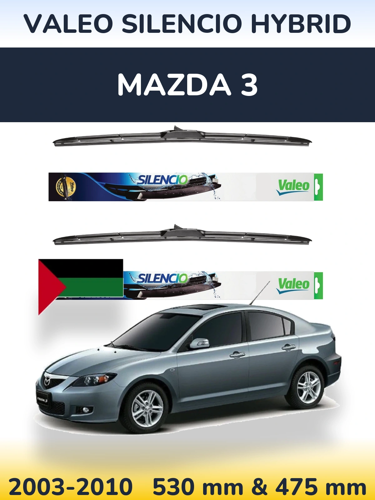 Front wiper blade set Valeo Silencio Hybrid 530 & 475 мм for Mazda 3 2003-2010