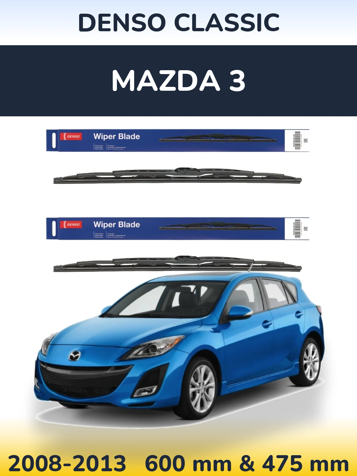 Front wiper blade set Denso Classic 600 & 475 mm for Mazda 3 2008-2013