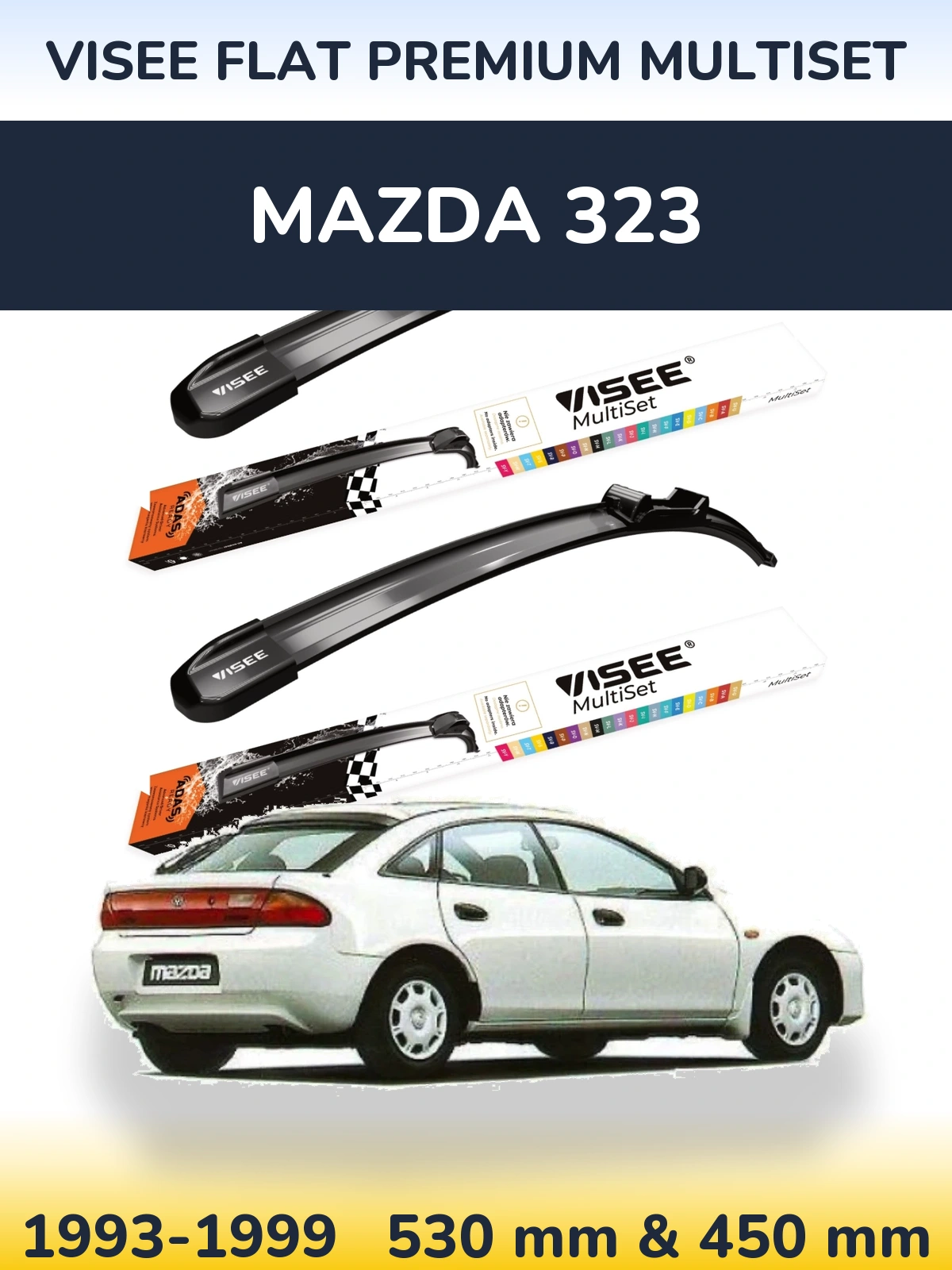 Komplet przednich wycieraczek VISEE FLAT PREMIUM MultiSet 530 & 450 mm do Mazda 323 1993-1999