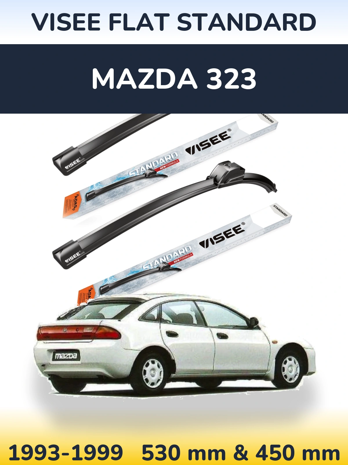 Front wiper blade set VISEE FLAT STANDARD 530 & 450 mm for Mazda 323 1993-1999