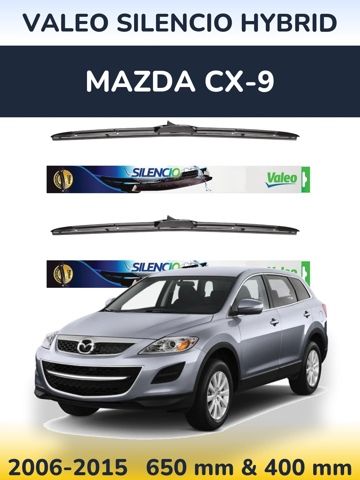 Front wiper blade set Valeo Silencio Hybrid 650 & 400 mm for Mazda CX-9 2006-2015