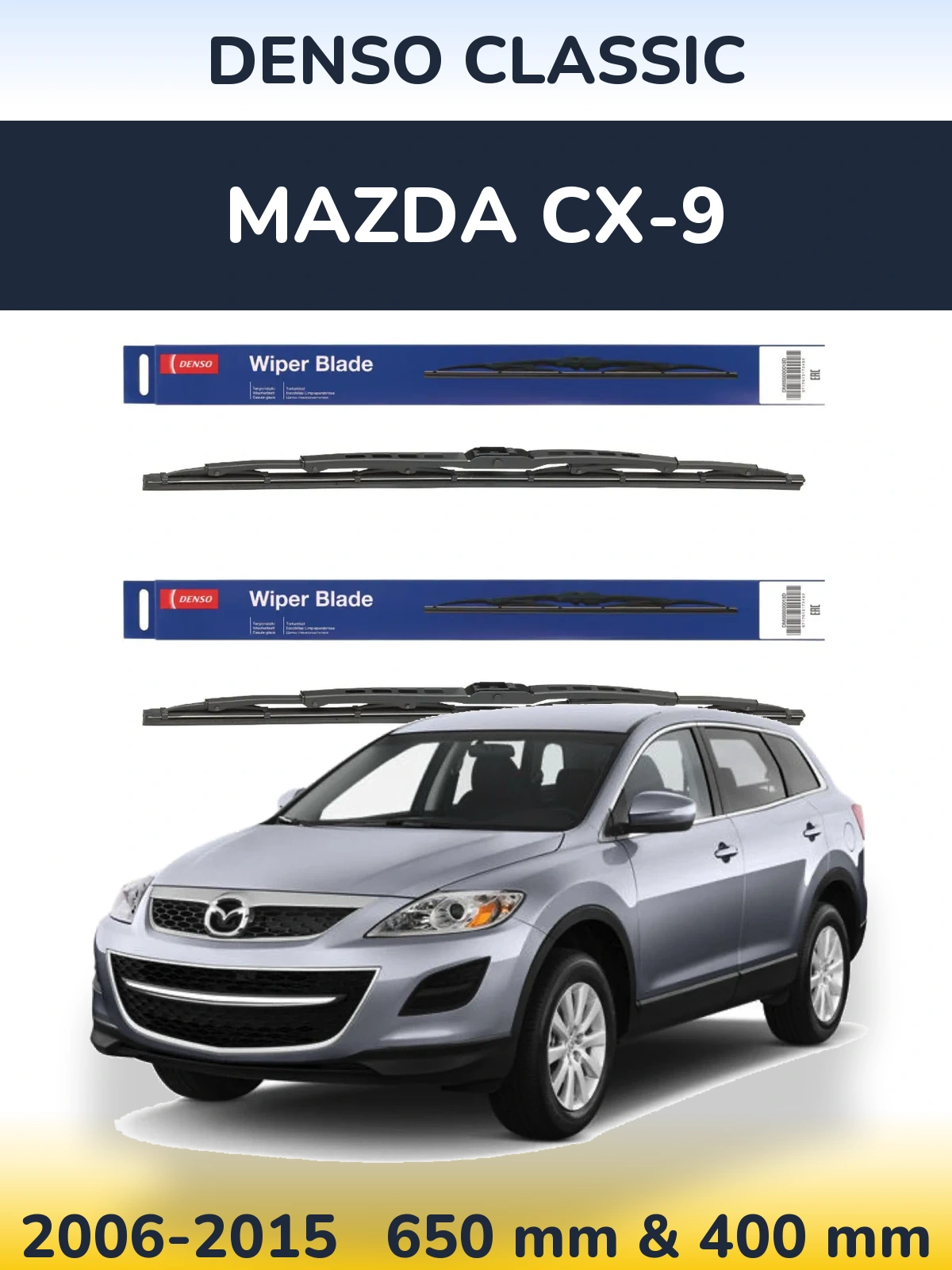 Front wiper blade set Denso Classic 650 & 400 mm for Mazda CX-9 2006-2015