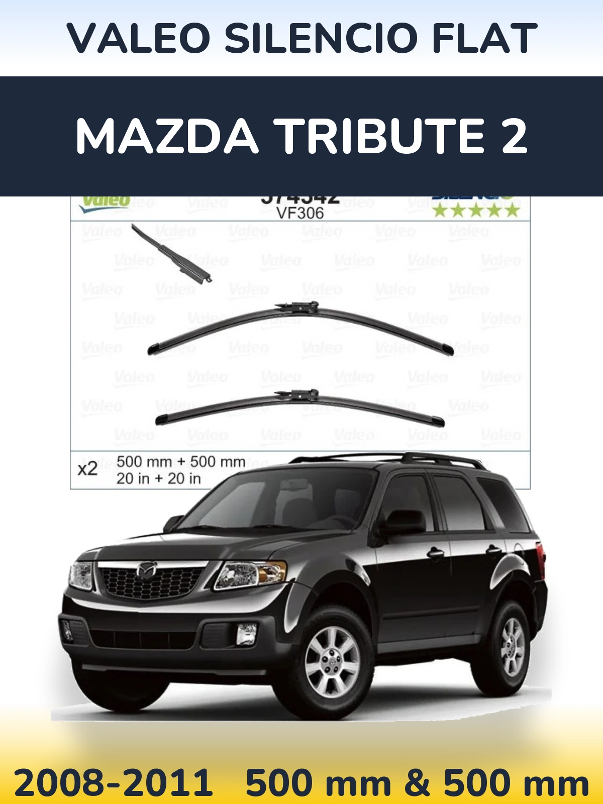 Front wiper blade set Valeo Silencio Flat 500 & 500 мм for Mazda Tribute 2 2008-2011