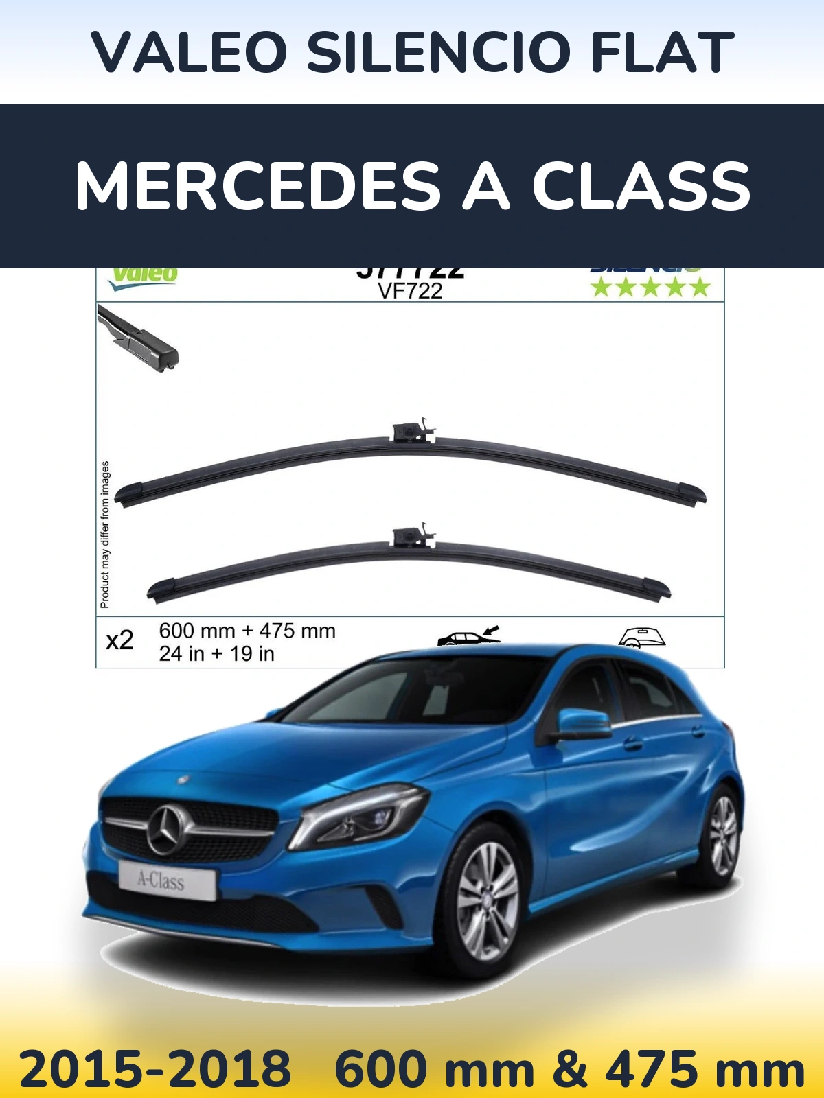 Front wiper blade set Valeo Silencio Flat 600 & 475 mm for Mercedes A Class 2015-2018