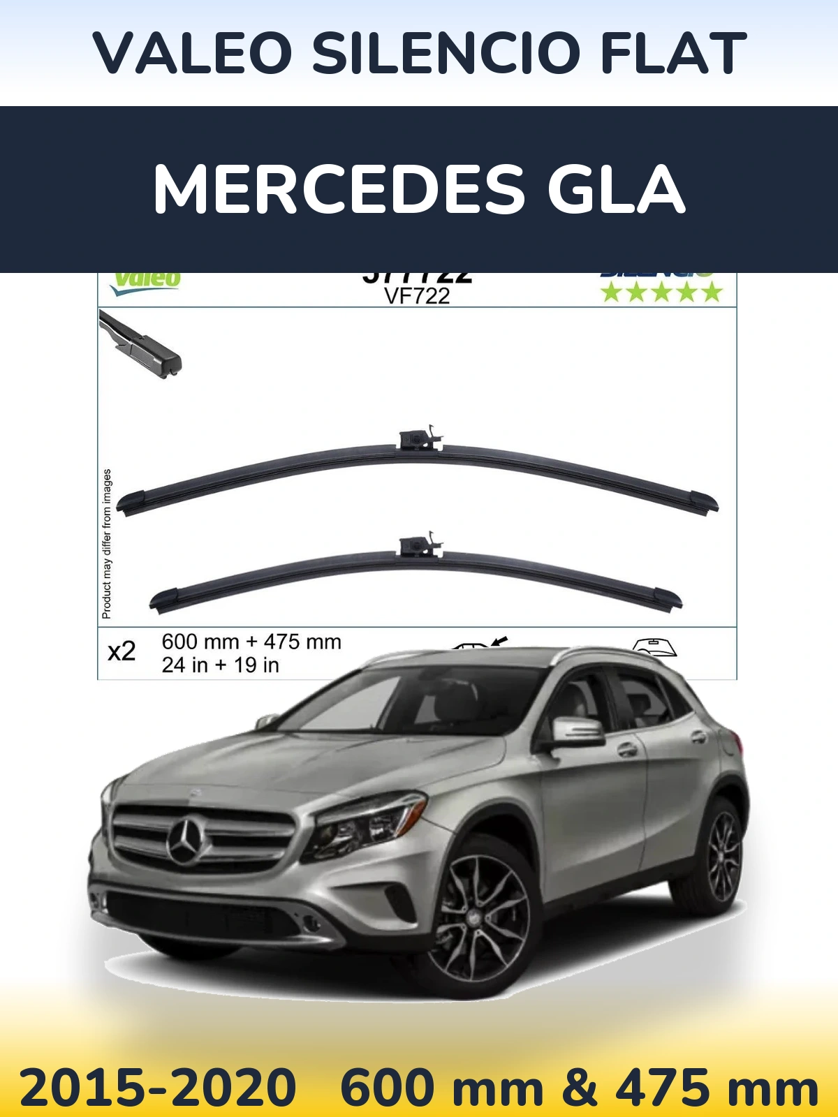 Front wiper blade set Valeo Silencio Flat 600 & 475 мм for Mercedes GLA 2015-2020