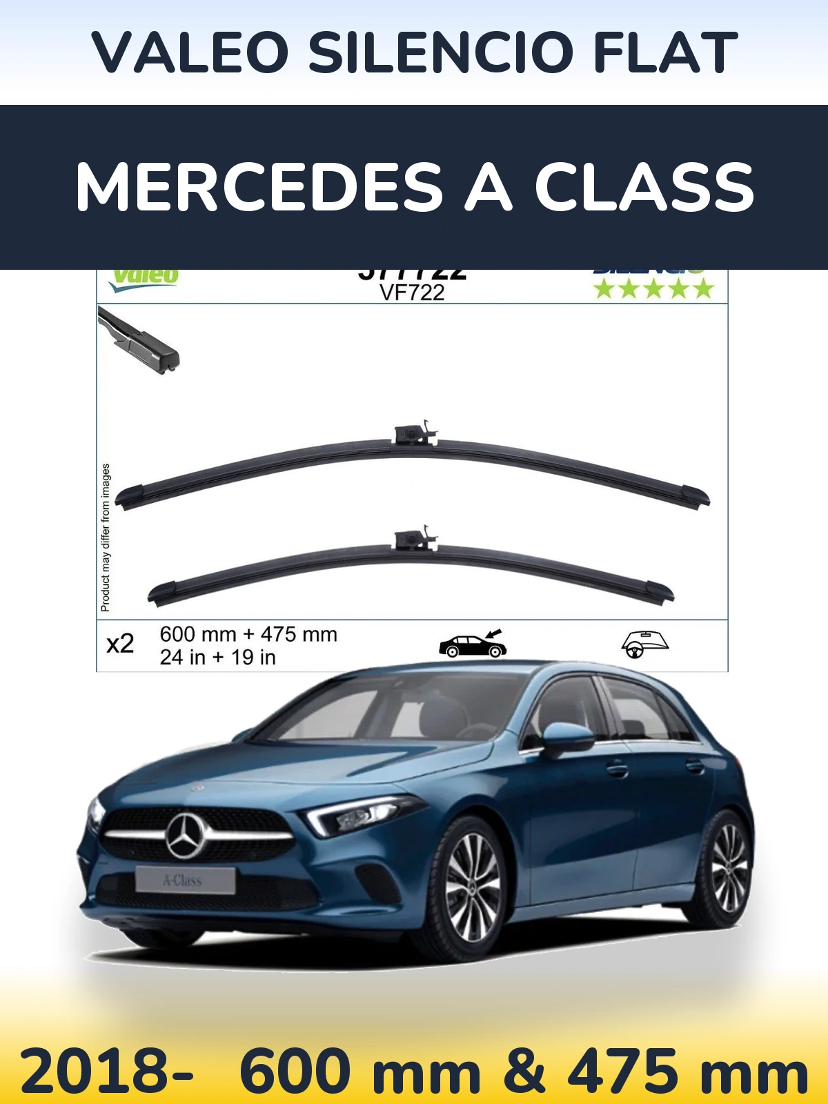 Комплект передних дворников Valeo Silencio Flat 600 & 475 мм для Mercedes A Class 2018-2026
