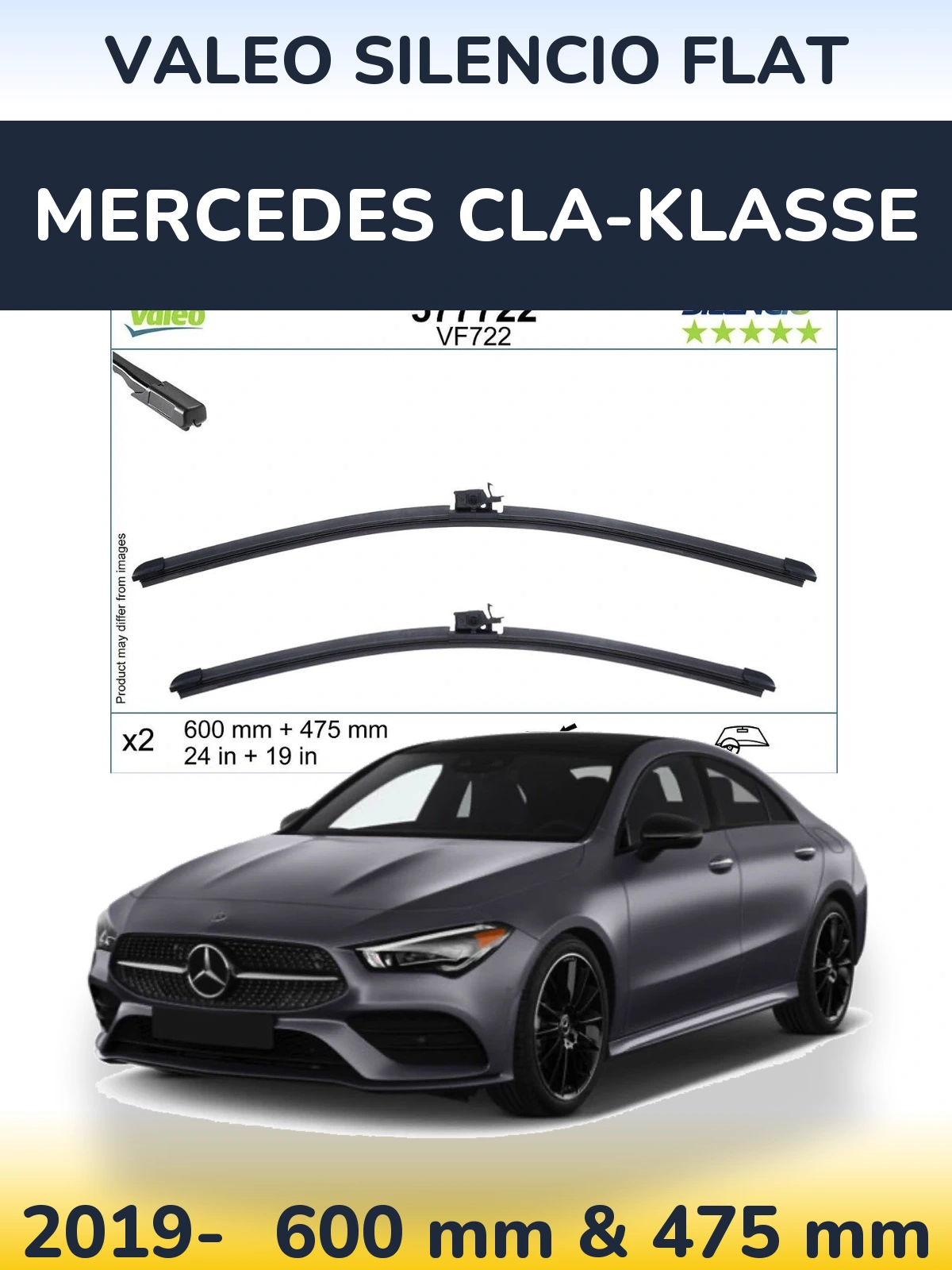 Front wiper blade set Valeo Silencio Flat 600 & 475 mm for Mercedes CLA-Klasse 2019-2026