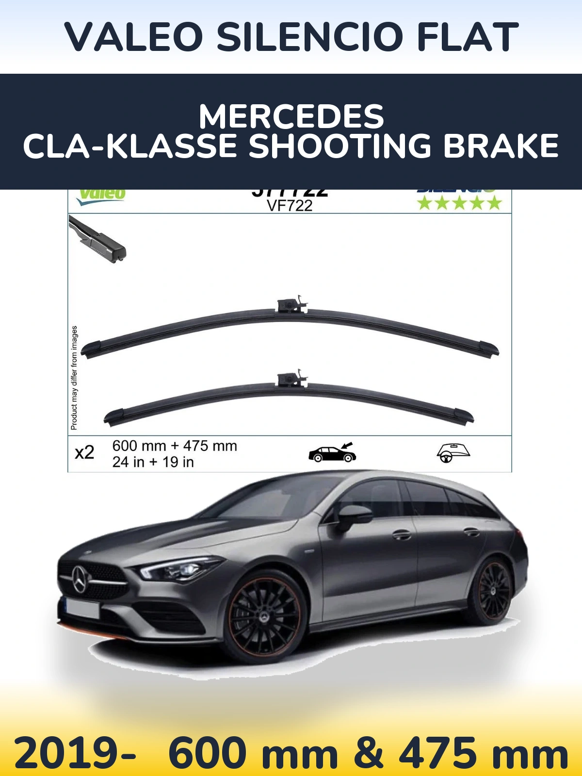 Front wiper blade set Valeo Silencio Flat 600 & 475 mm for Mercedes CLA-Klasse Shooting Brake 2019-2026