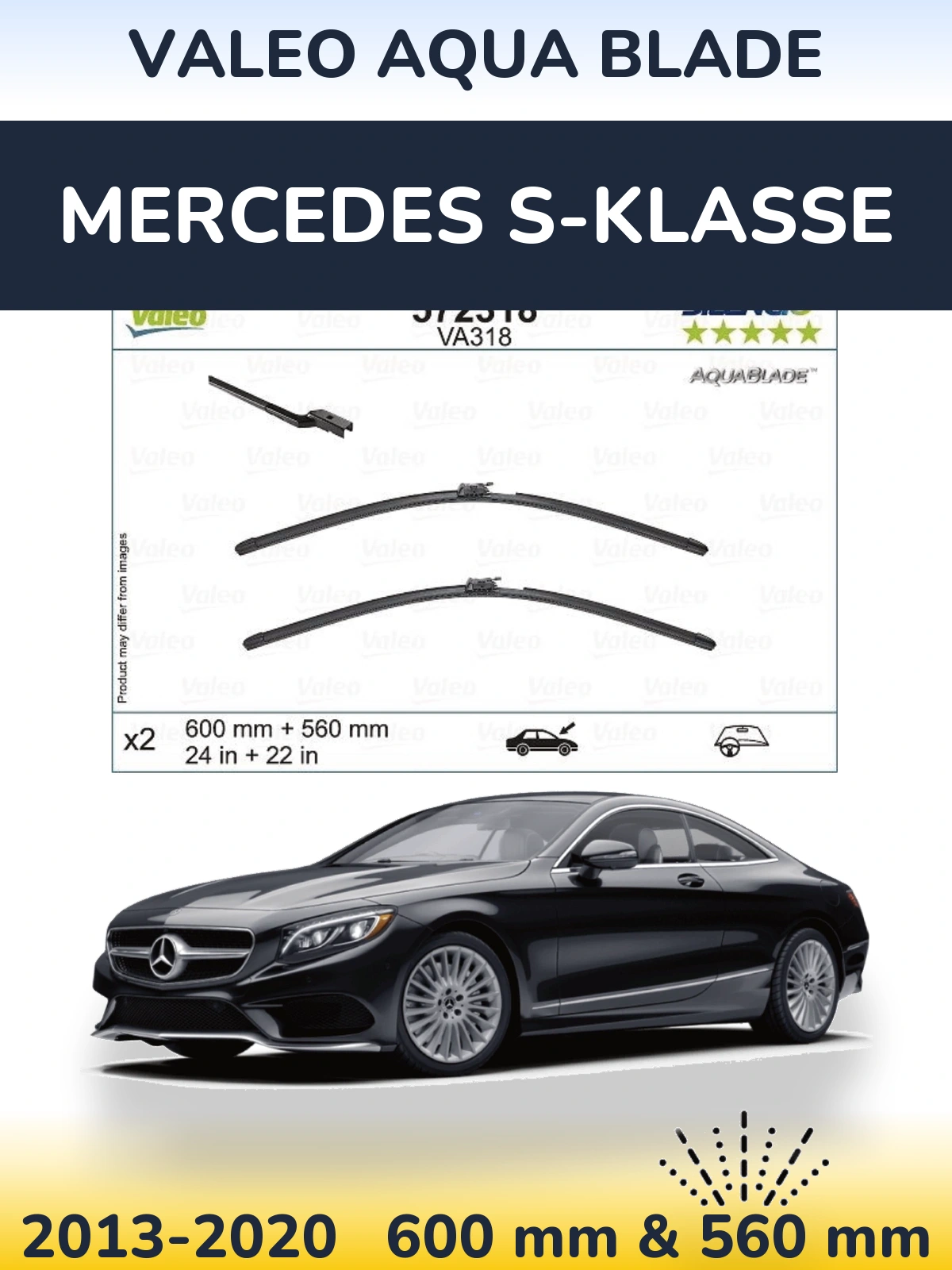 Front wiper blade set Valeo Aqua Blade 600 & 560 мм for Mercedes S-Klasse 2013-2020