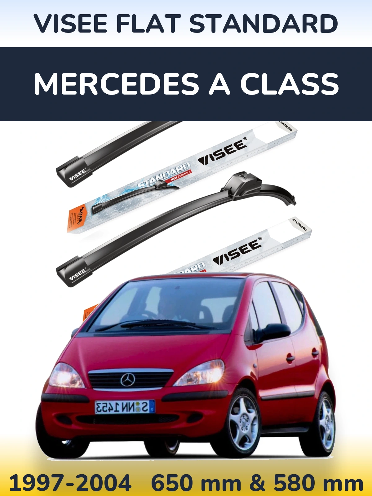 Front wiper blade set VISEE FLAT STANDARD 650 & 580 mm for Mercedes A Class 1997-2004