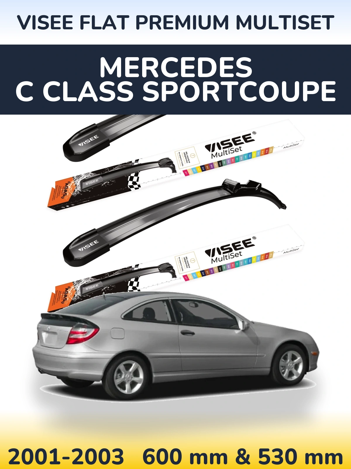 Комплект передніх щіток VISEE FLAT PREMIUM MultiSet 600 & 530 мм для Mercedes C Class Sportcoupe 2001-2003