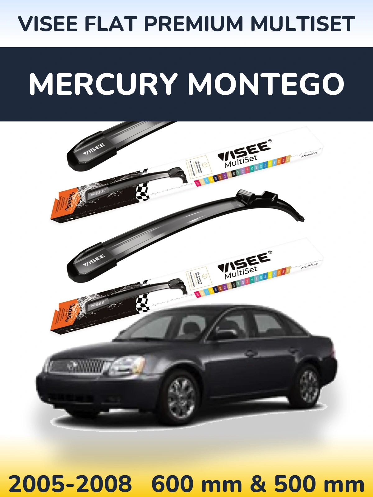 Комплект передних дворников VISEE FLAT PREMIUM MultiSet 600 & 500 мм для Mercury Montego 2005-2008