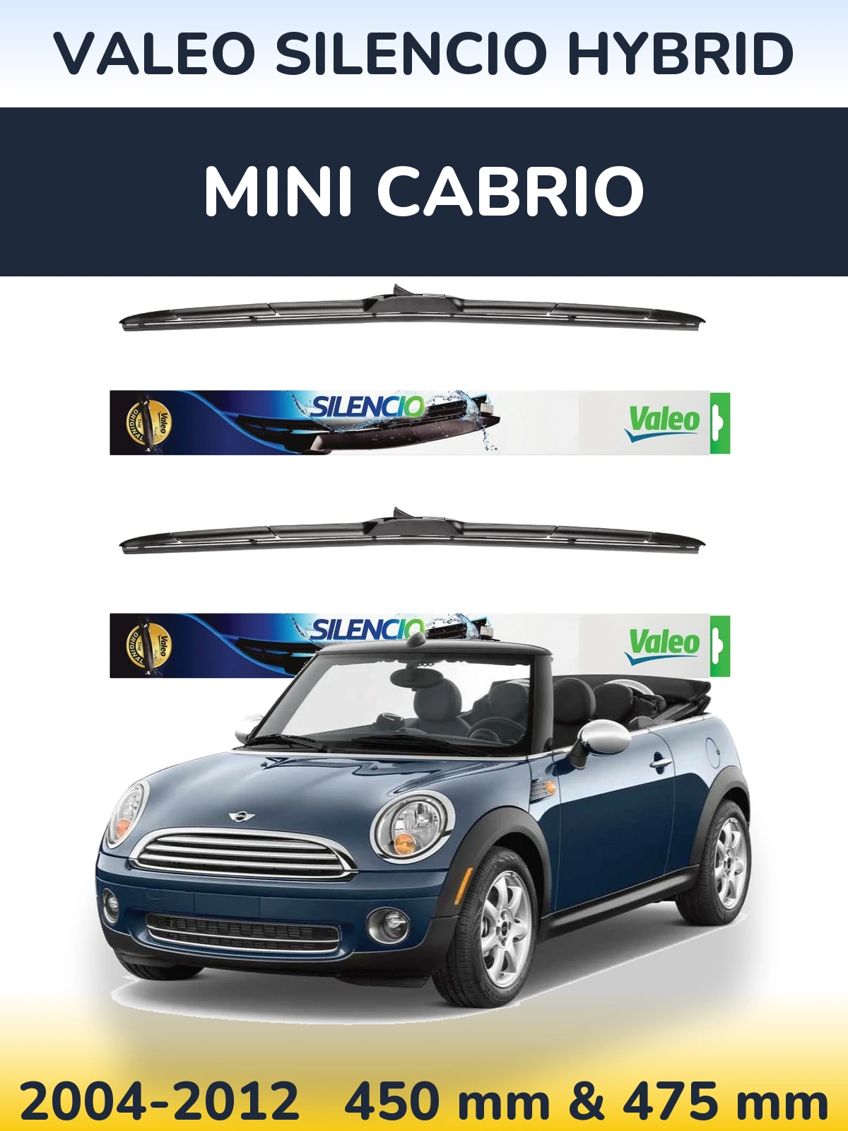 Front wiper blade set Valeo Silencio Hybrid 450 & 475 мм for MINI Cabrio 2004-2012