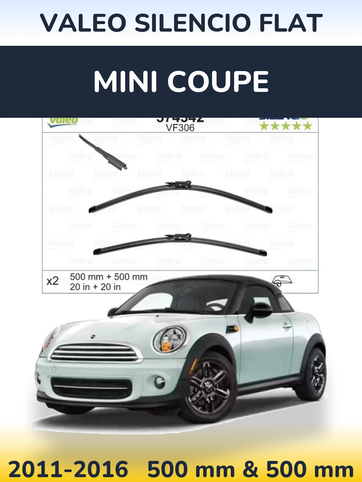 Komplet przednich wycieraczek Valeo Silencio Flat 500 & 500 mm do MINI Coupe 2011-2016